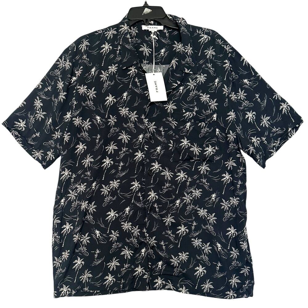 FRAME Mens XL Black Palm Tree Print Camp Shirt Short Sleeve Rayon NWT